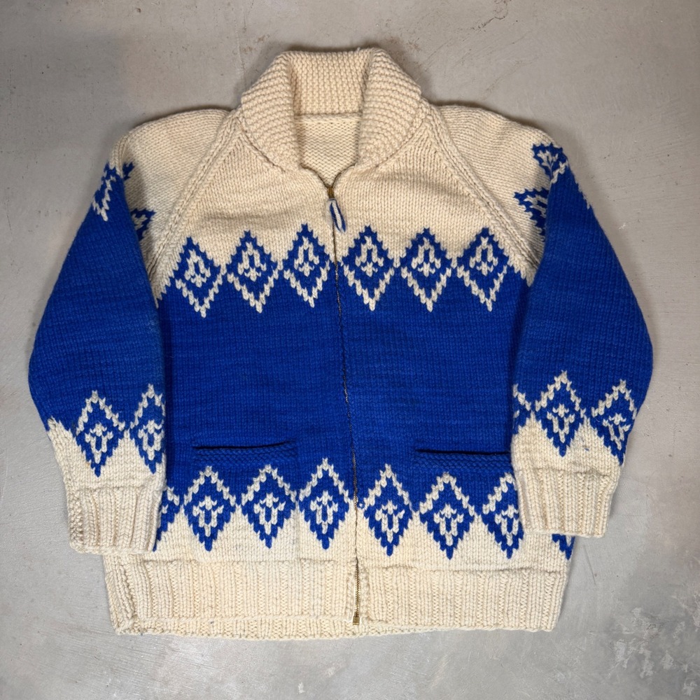 50s 60s Hand Knit Wool Cowichan Sweater Blue White Geometric Zip Cardigan Mens L